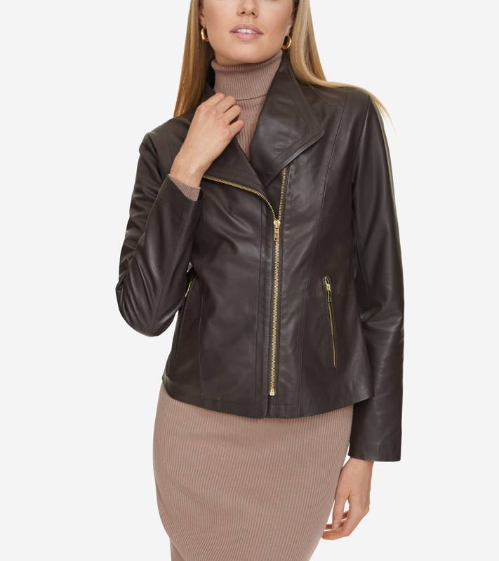 Moulded Collar Asymmetric Leather Jacket product image